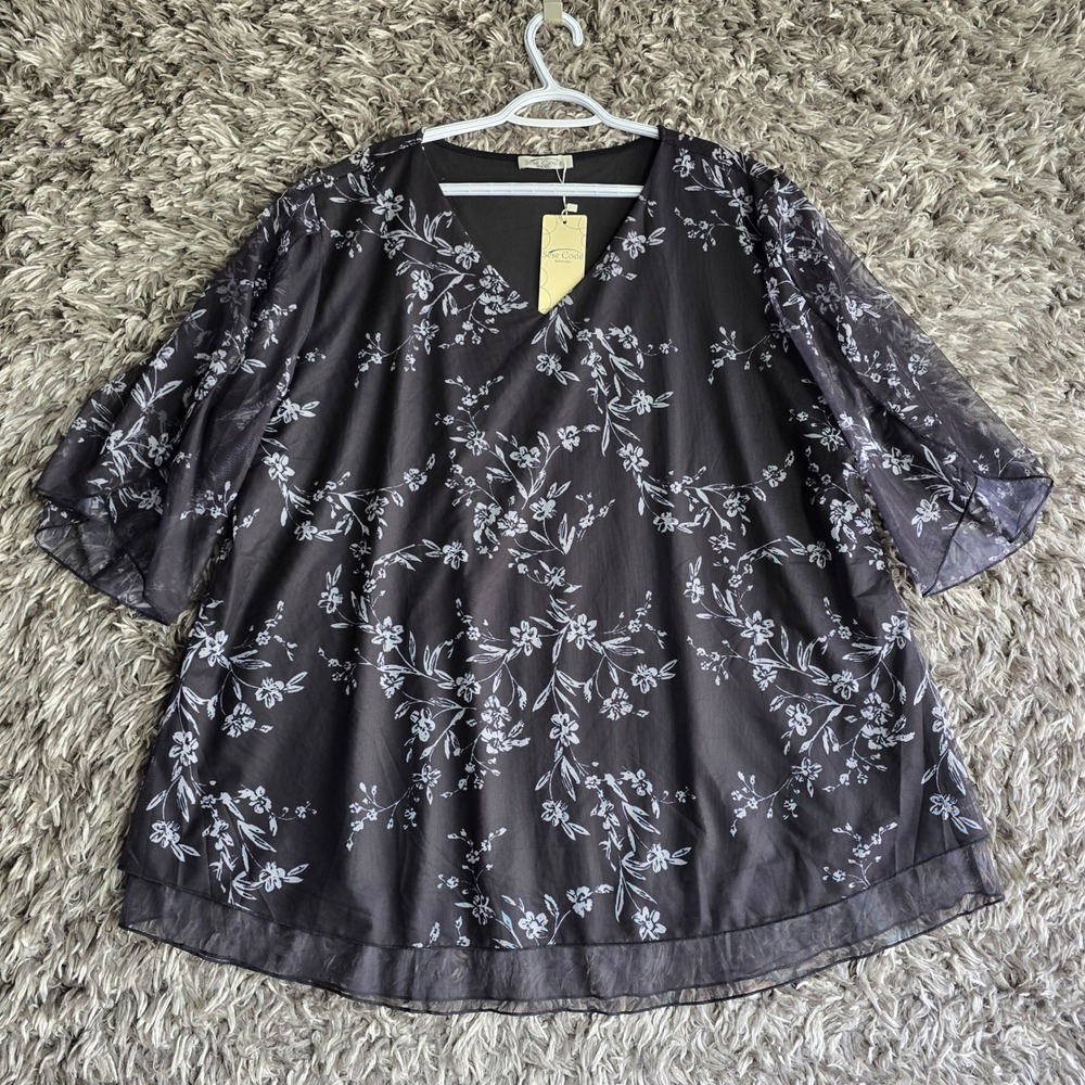 Sese Code Womens Plus Size XXXL Black Floral Mesh V-Neck Flutter Sleeve Tunic